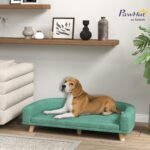 PawHut Dog Sofa Couch, Pet Bed with Comfortable Luxury Cushion, Washable Cover, Wooden Legs, Anti-Slip Mat for Large Dogs, Cats, Kittens, Green - Image 3