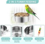 2 Pcs Bird Feeder Bowls with 3 Pcs Food Holder for Cage, Parrot Food Water Bowls and Fruit Skewer Foraging Toy, Stainless Steel Bird Feeding Dish Cups for Small Animals (Silvery, 5 Pcs) - Image 3