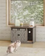 Cat Litter Box Enclosure, Hidden Litter Box Cabinet Furniture with Bell, Indoor Cat House, Farmhouse Style, 31.5 x 19.7 x 20.9Inches, for Hallway, Bedroom, Light Ivory and Brown CB82405X - Image 5