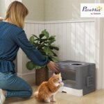 PawHut Cat Litter Box, Front Entry, Top Exit Large Cat Litter Tray, Odor Control Enclosed Kitty Cat Pan with Scoop, Pull-Out Tray, Easy to Clean, Brush, Gray - Image 3