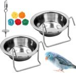 2 Pack Bird Feeder Birds Bowls Stainless Steel Dishes Coop Cups with Wire Hook, Parrot Feeding Dish Cups Food Water Bowls with Bird Food Holder and Rattan Ball for Finches Lovebirds (Set 1) - Image 2