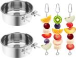2 Pcs Bird Feeder Bowls with 3 Pcs Food Holder for Cage, Parrot Food Water Bowls and Fruit Skewer Foraging Toy, Stainless Steel Bird Feeding Dish Cups for Small Animals (Silvery, 5 Pcs) - Image 2