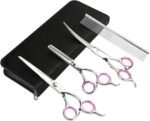 GEMEK Pet Cat Dog Grooming Scissors Set 4 Pieces Stainless Steel Professional Pet Trimmer Kit - 7.5 inch Straight Cutting, Thinning Shears, Curved, Grooming Combs - Image 2
