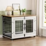 Lulive Dog Crate Furniture for Medium Dogs, 32'' Dog Kennel Indoor with Cushion & Wheels Wooden Dog Cage Double Doors Dog Crate End Table, White - Image 2