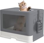 PawHut Cat Litter Box, Front Entry, Top Exit Large Cat Litter Tray, Odor Control Enclosed Kitty Cat Pan with Scoop, Pull-Out Tray, Easy to Clean, Brush, Gray - Image 2