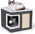 petizer Cat Bed for Indoor Cats, Large Covered Cat House with Scratch Pad, Foldable Cat Cave Bed & Hideaway Cube with Reversible Cushions, Cute Cat Condo for Multi Small Pet Kitten (Dark Grey) - Image 2