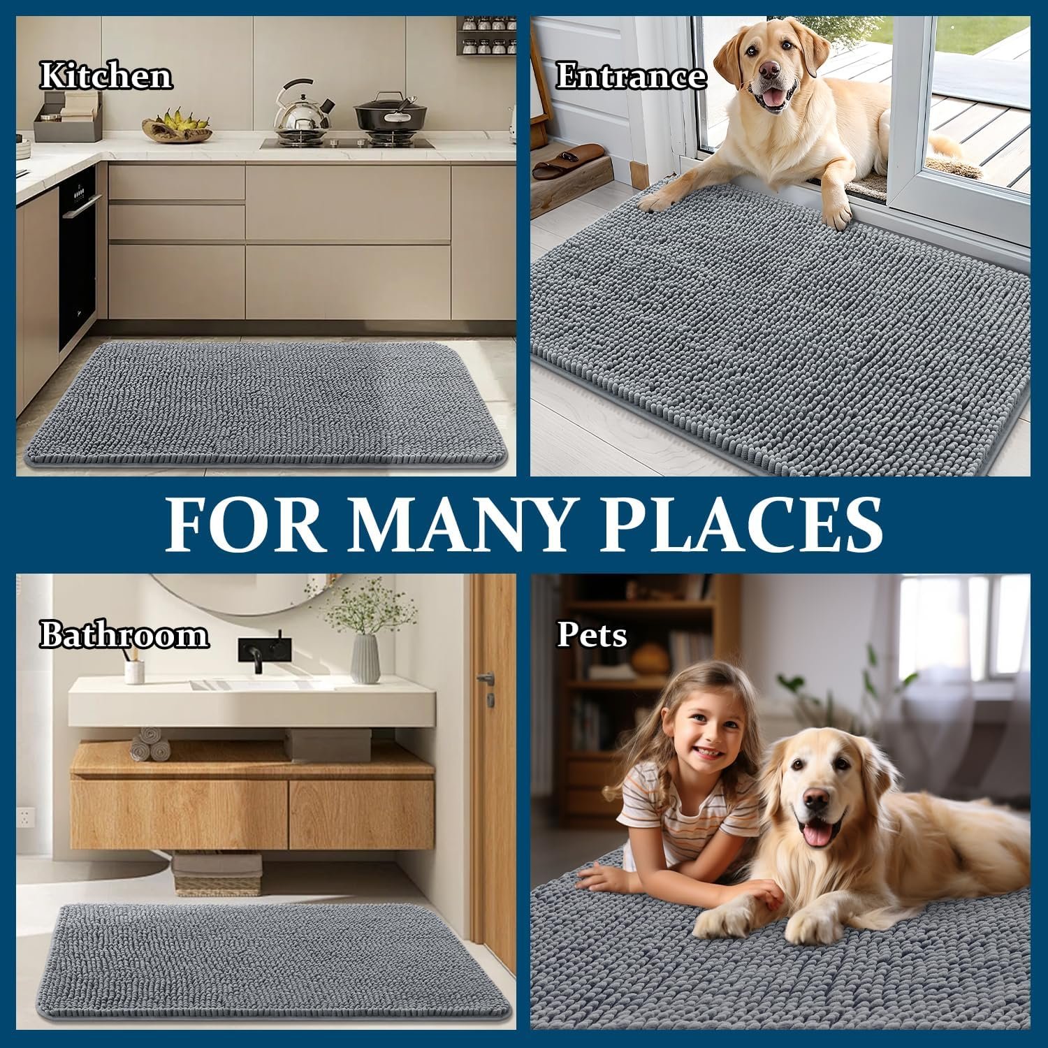 OLANLY Dog Door Mat for Muddy Paws 30x20, Absorbs Moisture and Dirt, Absorbent Non-Slip Washable Doormat, Quick Dry Chenille Mud Mat for Dogs, Entry Indoor Entryway Carpet for Inside Floor, Grey - Image 5