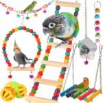 Bird Toys for Parakeets, Parrots, Conures, Cockatiels, Love Birds, Finches, Mynah, Budgerigar - 9Pcs Wooden Ladder Bridge, Swing, Hammock, Cage Accessories - Image 2