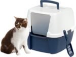 IRIS USA Cat Litter Box, Large Enclosure with Front Door Flap and Scoop, Covered Box with Handle and Buckles for Portability and Privacy, Navy/White - Image 2