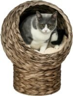 PawHut Handwoven Elevated Cat Bed with Soft Cushion & Egg Chair Shape, Basket Bed Kitty House with Stand, Raised Wicker House for Indoor Cats, 20" H, Gray - Image 2