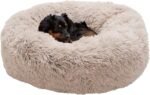 Furhaven 30" Round Calming Donut Dog Bed for Medium/Small Dogs, Refillable w/ Removable Washable Cover, For Dogs Up to 45 lbs - Shaggy Plush Long Faux Fur Donut Bed - Taupe, Medium - Image 2